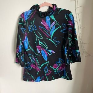 Vintage polyester, fuel, tropical ruffle neck blouse